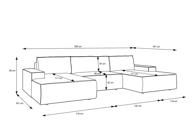 Rysunek techniczny narożnika Fiord U1 z naniesionymi wymiarami: 358 cm szerokości frontu, 167 cm głębokości bocznej oraz 85 cm wysokości.