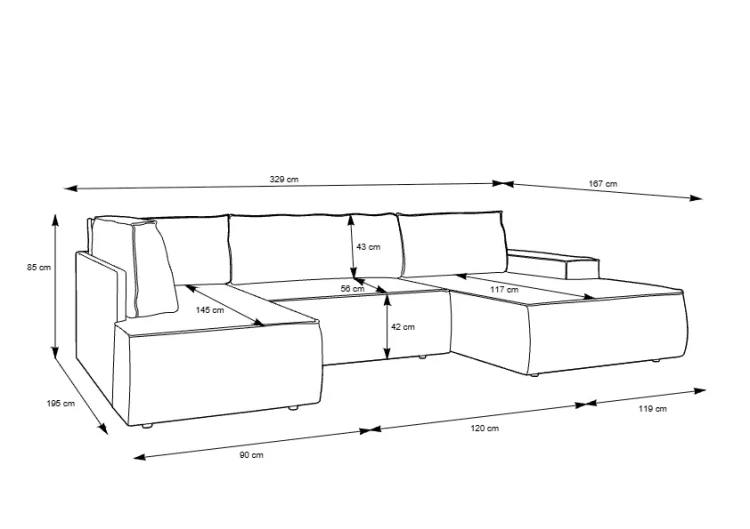 Rysunek techniczny narożnika Fiord U2 120 z naniesionymi wymiarami: 329 cm szerokości frontu, 167x195 cm głębokości oraz 85 cm wysokości.