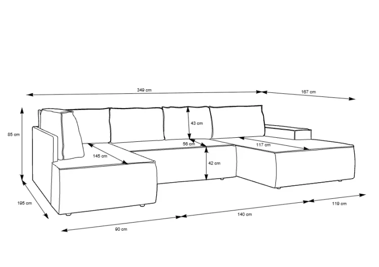 Rysunek techniczny narożnika Fiord U2 140 z naniesionymi wymiarami: 359 cm szerokości frontu, 167x195 cm głębokości oraz 85 cm wysokości.