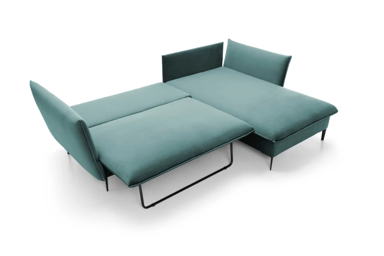 Turkusowy narożnik Gloss rozłożony do funkcji spania o równej powierzchni nocnej 135x224 cm.