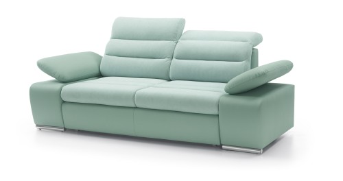 Sofa rozkładana Korfu Jasnozielona widziana pod kątem, podkreślająca całkowitą głębokość 107 cm.