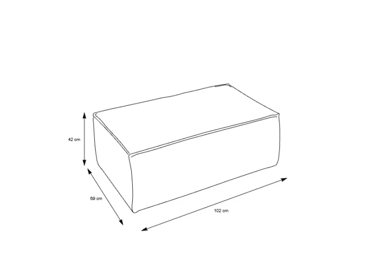 Rysunek techniczny pufa Fiord z naniesionymi wymiarami: 102 cm szerokości, 69 cm głębokości oraz 42 cm wysokości.