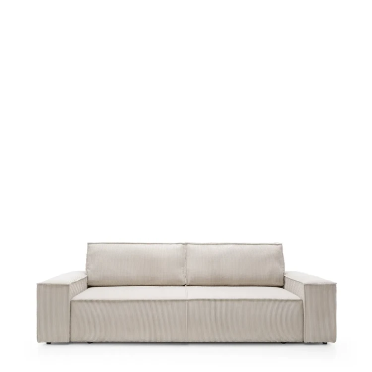Nowoczesna beżowa sofa rozkładana Fiord o szerokości 257 cm v sztruksowej tkaninie welurowej Poso 100.