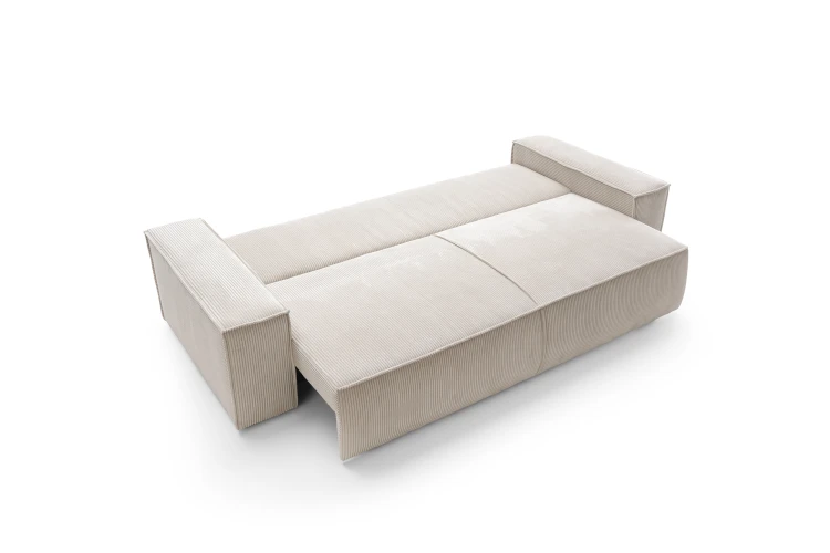 Beżowa sofa Fiord rozłożona do funkcji spania o równej i stabilnej powierzchni nocnej 136x200 cm.