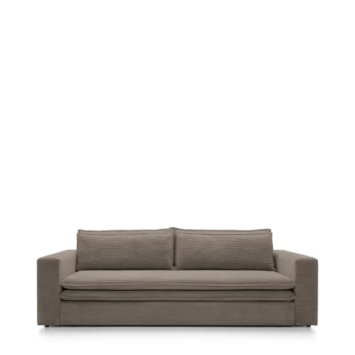 Nowoczesna brązowa sofa rozkładana Tilia o szerokości 244 cm w sztruksowej tkaninie welurowej Poso 04.