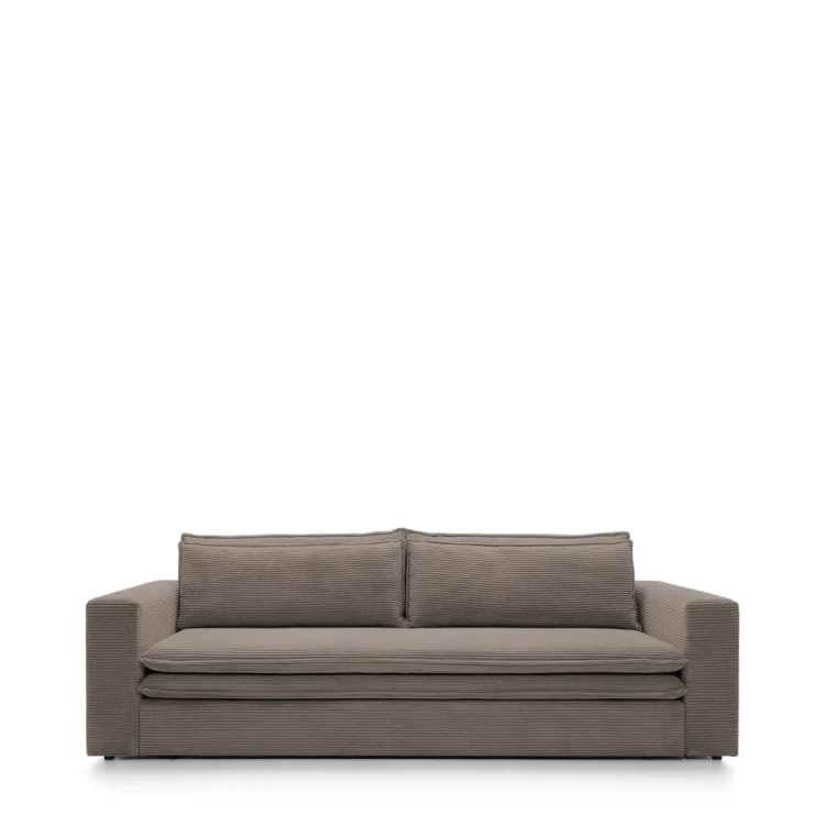 Nowoczesna brązowa sofa rozkładana Tilia o szerokości 244 cm w sztruksowej tkaninie welurowej Poso 04.