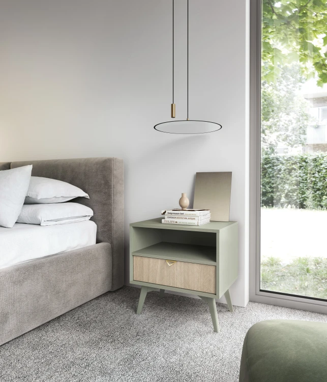Szafka nocna Forest S54 w nowoczesnej sypialni przy łóżku w stylu scandi