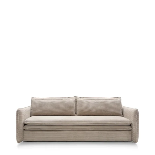 Kompaktowa ciemnobeżowa sofa rozkładana Tilia Slim o szerokości 230 cm w sztruksowej tkaninie welurowej Poso 002.
