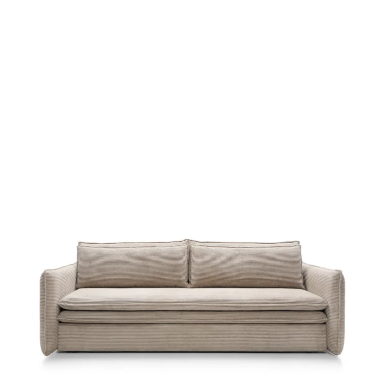 Kompaktowa ciemnobeżowa sofa rozkładana Tilia Slim o szerokości 230 cm w sztruksowej tkaninie welurowej Poso 002.