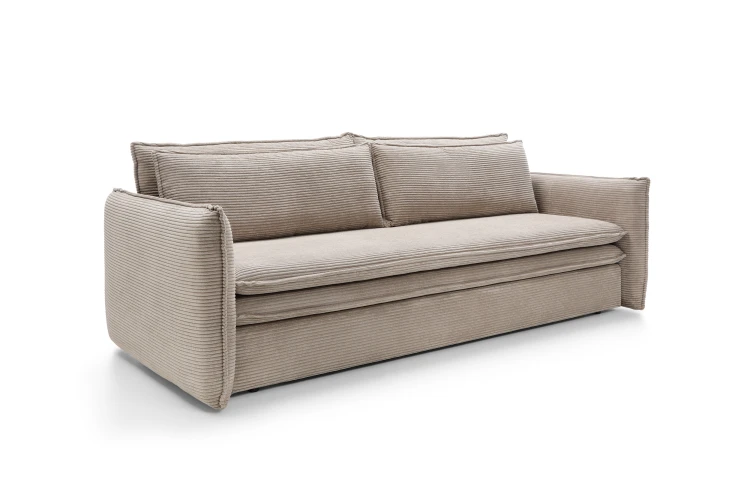 Sofa Tilia Slim Ciemnobeżowa widziana pod kątem, podkreślająca całkowitą głębokość 103 cm oraz oszczędną formę boku.