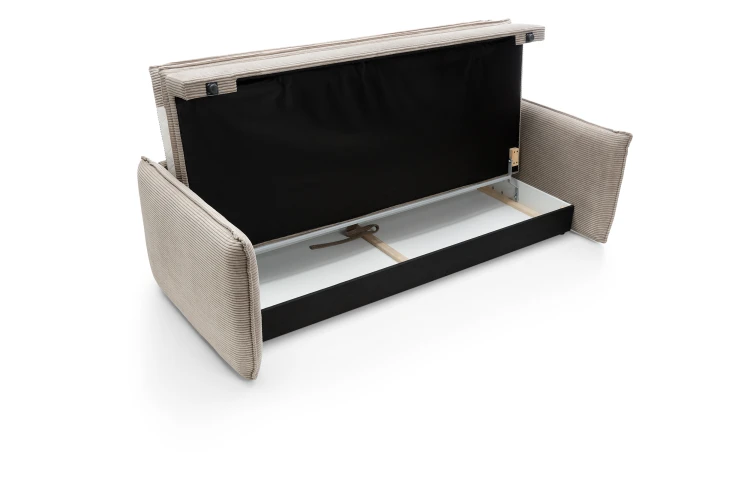 Sofa Tilia Slim z uniesionym isiedziskiem, prezentująca wbudowany, pojemny pojemnik na pościel.