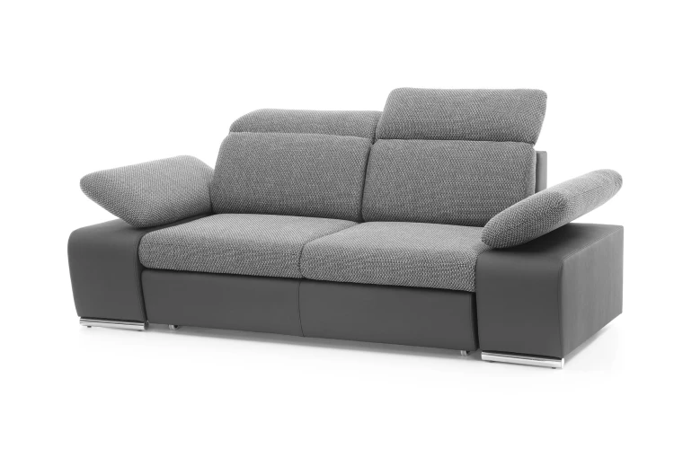 Sofa rozkładana Odessa Szara widziana pod kątem, podkreślająca całkowitą głębokość 96 cm oraz dwumateriałowe wykończenie.