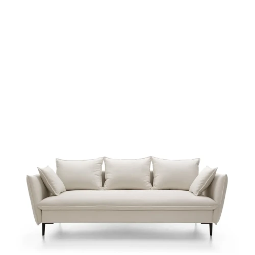 Nowoczesna jasnobeżowa sofa rozkładana Gloss o szerokości 237 cm na wysokich metalowych nóżkach.