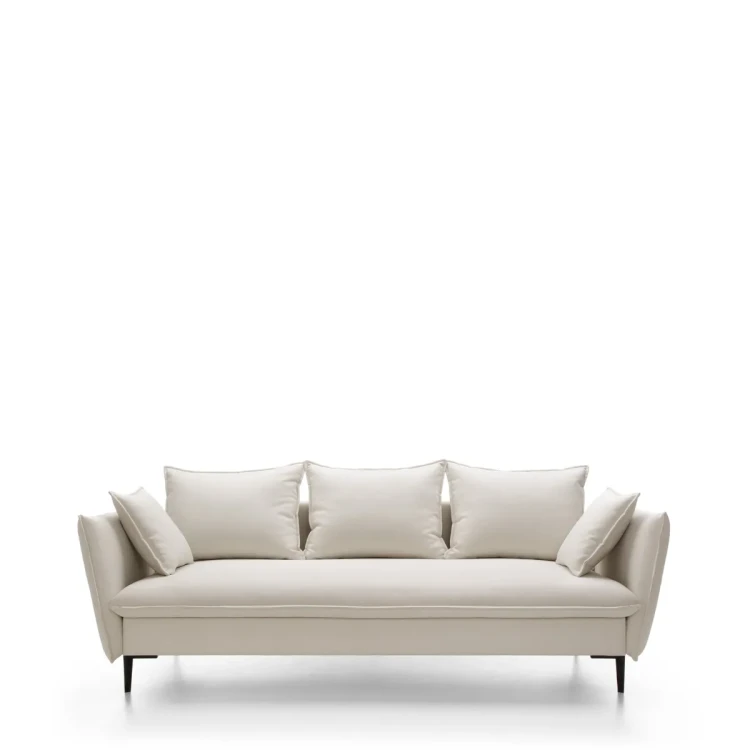 Nowoczesna jasnobeżowa sofa rozkładana Gloss o szerokości 237 cm na wysokich metalowych nóżkach.