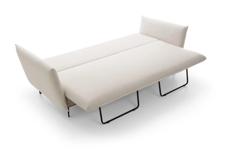 Jasnobeżowa sofa Gloss rozłożona do funkcji spania o dużej i równej powierzchni nocnej 149x200 cm