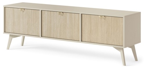Jasna szafka RTV Forest 158 cm beż piaskowy prezentująca złote trójkątne uchwyty krawędziowe