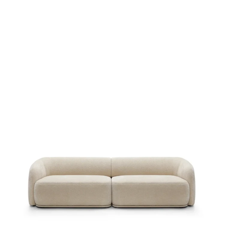 Nowoczesna jasnobeżowa sofa modułowa Nobo 2L+2R o szerokości 288 cm w tkaninie Dress Me 16 zaprezentowana na białym tle.