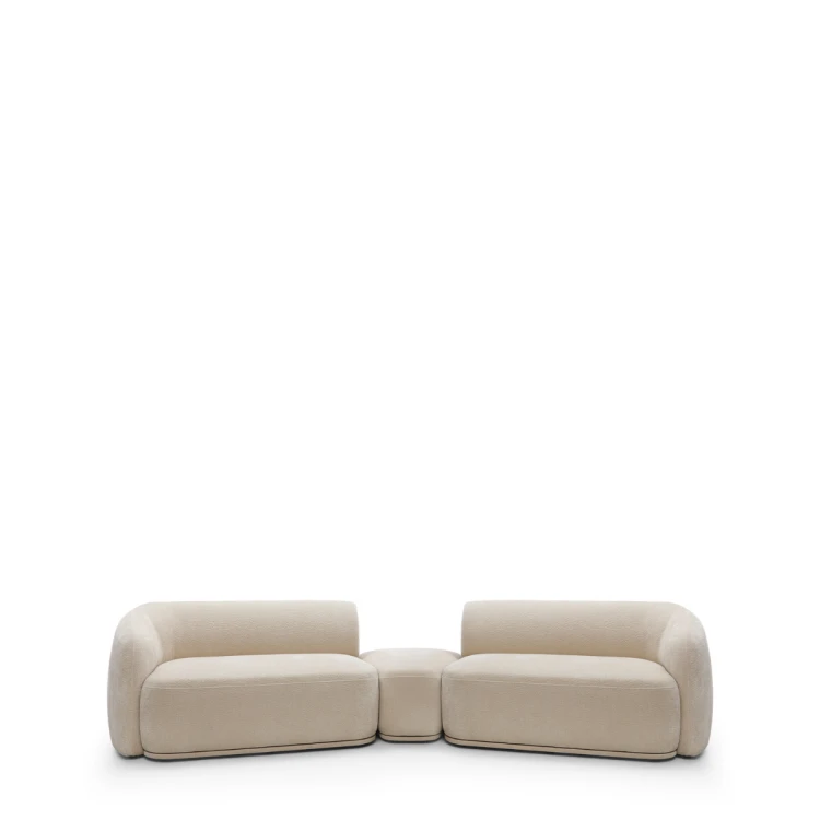 Zaokrąglona jasnobeżowa sofa modułowa Nobo 2L+TPF+2R o szerokości 357 cm zaprezentowana na wprost.
