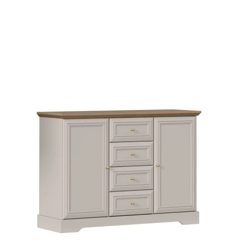 Elegancka komoda Kora Plus KK3 w kolorze kaszmiru o szerokości 128 cm marki Gała Meble z pogrubionym blatem 22 mm, widok z przodu na białym tle.