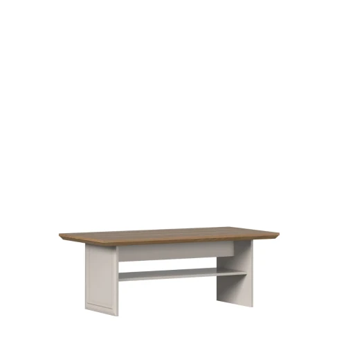 Elegancka ława salonowa stolik kawowy Kora Plus KL2 w kolorze kaszmiru z dębowym blatem Mavelie Oak, widok z przodu na białym tle.