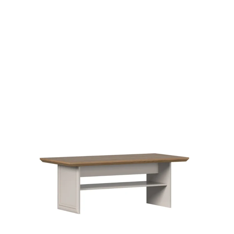 Elegancka ława salonowa stolik kawowy Kora Plus KL2 w kolorze kaszmiru z dębowym blatem Mavelie Oak, widok z przodu na białym tle.