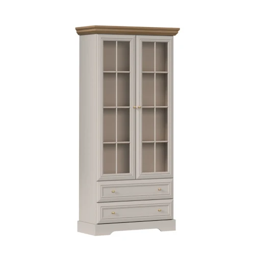 Elegancka dwudrzwiowa witryna stojąca Kora Plus KRW2 w kolorze kaszmiru z przyciemnianym szkłem Antisol, dębowym blatem Mavelie Oak i złotymi uchwytami, widok z przodu na białym tle.