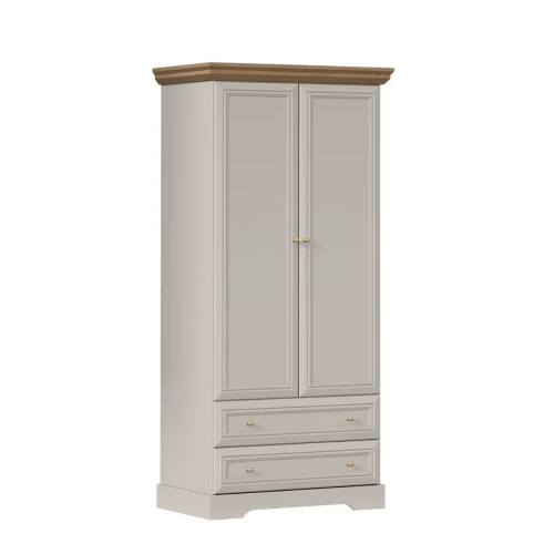 Elegancka dwudrzwiowa szafa ubraniowa Kora Plus KS1 w kolorze kaszmiru z dębowym blatem Mavelie Oak i złotymi uchwytami, widok z przodu na białym tle.