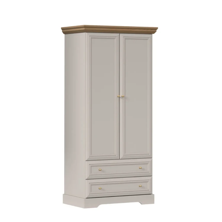 Elegancka dwudrzwiowa szafa ubraniowa Kora Plus KS1 w kolorze kaszmiru z dębowym blatem Mavelie Oak i złotymi uchwytami, widok z przodu na białym tle.