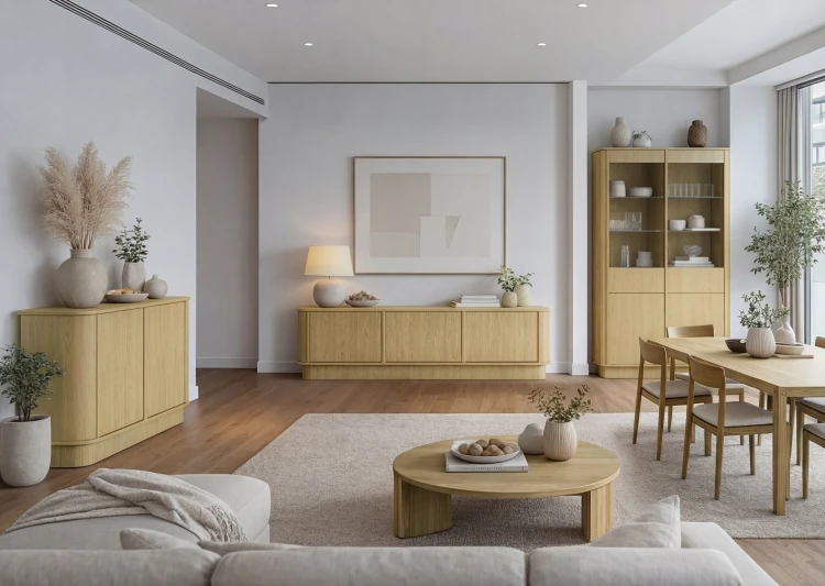 Prezentacja mebli z minimalistycznej serii Ringo w nowoczesnym wnętrzu, ukazująca spójność stylistyczną całej kolekcji.
