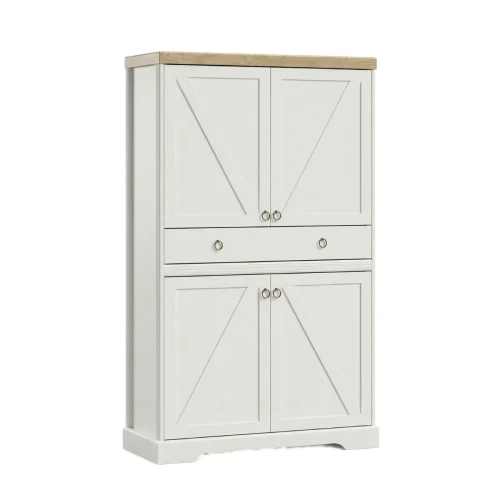Elegancka komoda wysoka Barn K4D1S o wysokości 155 cm w kolorze Biały Opal z zamkniętymi czterema szafkami i szufladą, widok z przodu na białym tle.