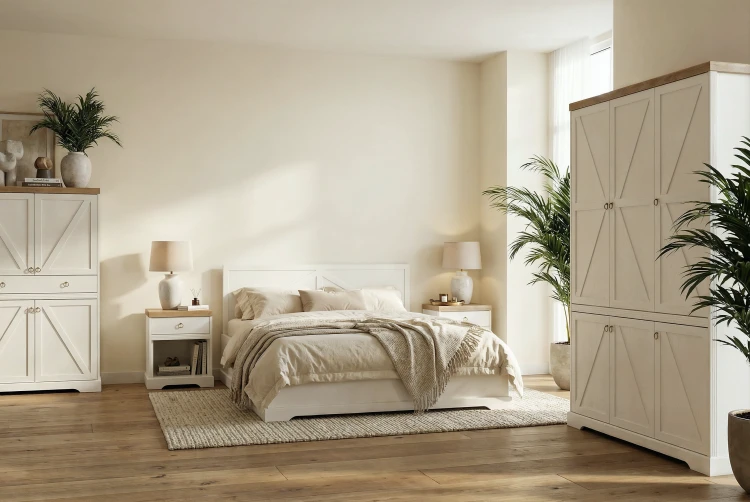 Minimalistyczne wnętrze prezentujące zestaw mebli modułowych z kolekcji BARN Biały Opal.