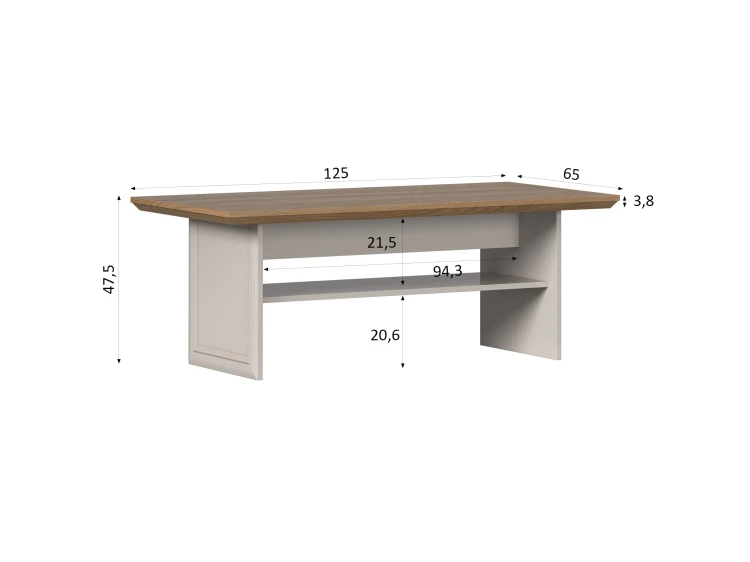 Techniczny rysunek stolika kawowego z kolekcji Kora Plus Kaszmir z naniesionymi liniami wymiarowymi, wskazującymi dokładną szerokość 125 cm, głębokość 47.5 cm oraz wysokość 47.5 cm.