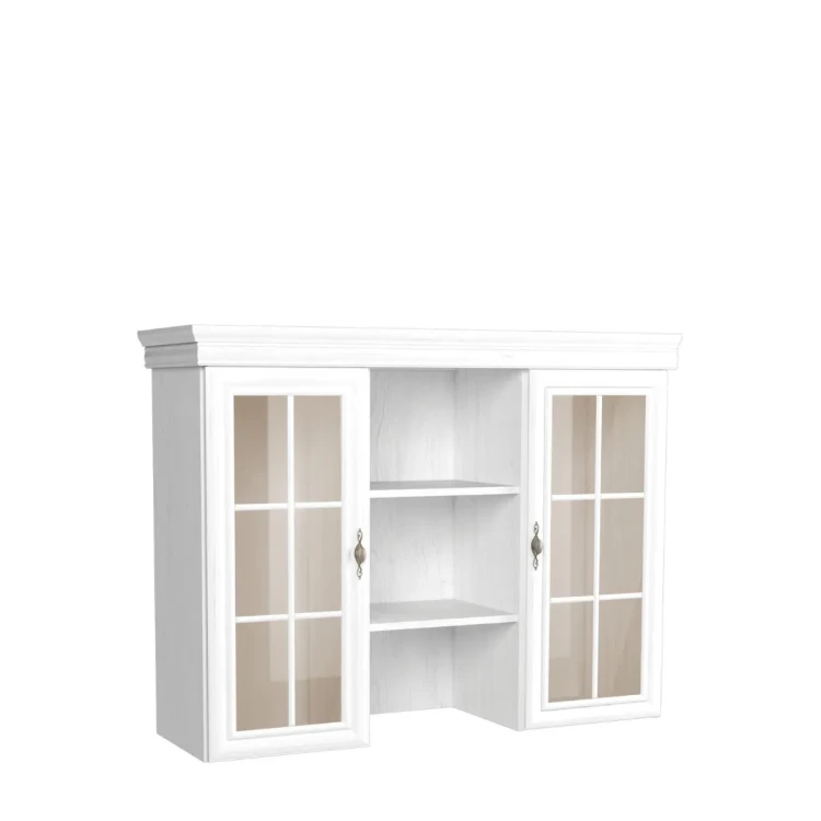 Klasyczna przeszklona nadstawka Kora KN4 w kolorze jasnej Sosny Andersen ze złotymi uchwytami, zaprezentowana pod ukosem na czystym, białym tle.