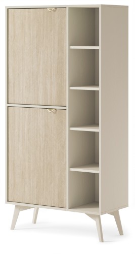 Jasna biblioteczka Forest 80 cm beż piaskowy pod kątem prezentująca złote uchwyty i jodełkę