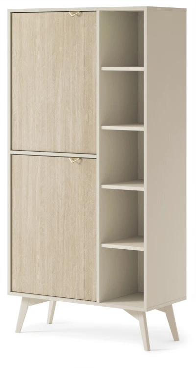 Jasna biblioteczka Forest 80 cm beż piaskowy pod kątem prezentująca złote uchwyty i jodełkę