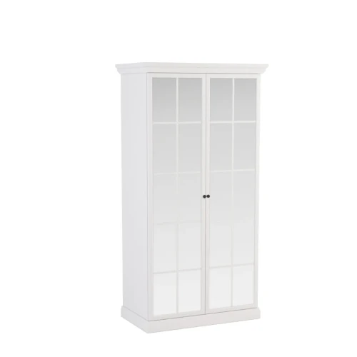Nowoczesna szafa ubraniowa dwudrzwiowa Lucca S2DL o szerokości 102.5 cm w kolorze Biały Opal z lustrzanymi frontami i złotymi uchwytami, widok z przodu na białym tle.