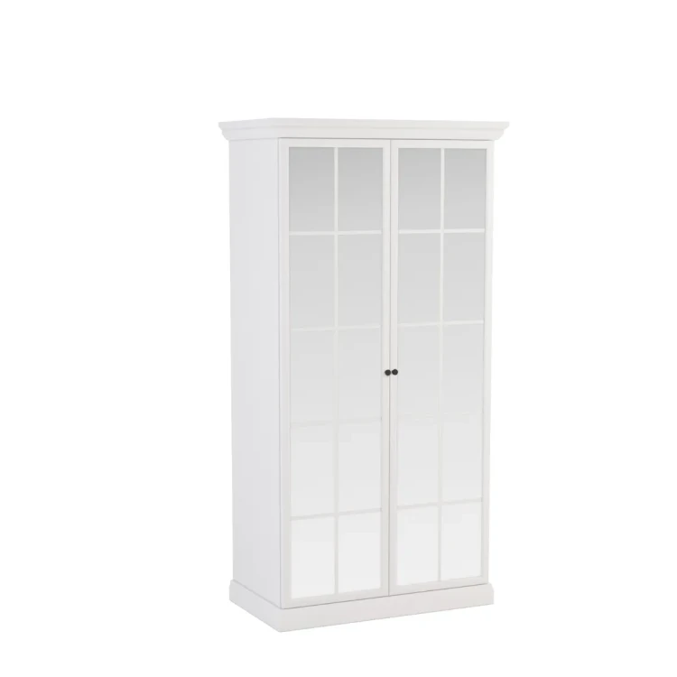 Nowoczesna szafa ubraniowa dwudrzwiowa Lucca S2DL o szerokości 102.5 cm w kolorze Biały Opal z lustrzanymi frontami i złotymi uchwytami, widok z przodu na białym tle.