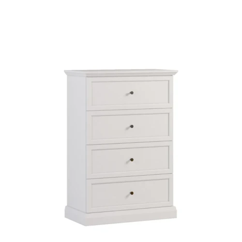 Nowoczesna wysoka komoda Lucca K4S o szerokości 75.5 cm w kolorze Biały Opal z czarnymi uchwytami, widok z przodu na białym tle