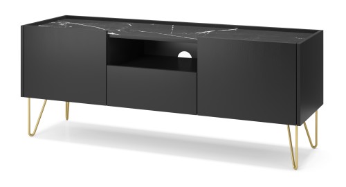 Szafka RTV Harmony 144 cm czarny mat marmur i złoto prezentacja bryły pod kątem