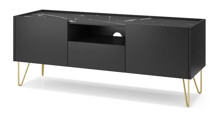 Szafka RTV Harmony 144 cm czarny mat marmur i złoto prezentacja bryły pod kątem