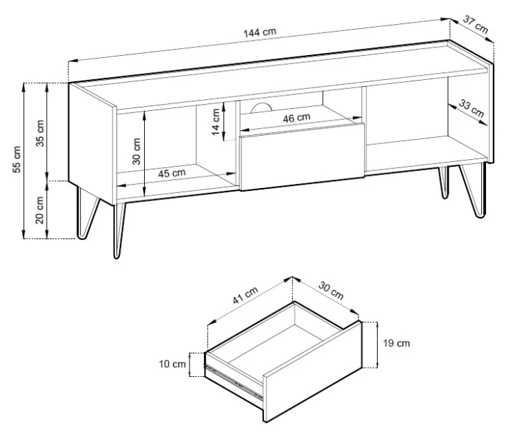 Schemat techniczny szafki RTV Harmony RTV144 z wymiarami: szerokość 144 cm wysokość 55 cm głębokość 37 cm