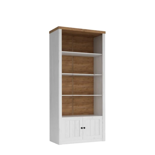 Wysoki otwarty regał biblioteczny Prowansja R1 o szerokości 90 cm w kolorze Sosna Andersen z trzema półkami i dolną szafką, widok z przodu na białym tle.