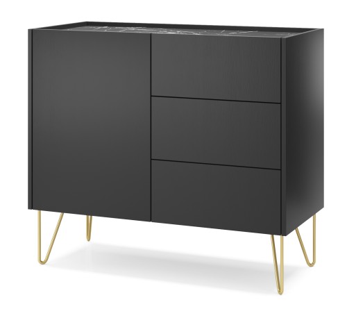 Elegancka komoda Harmony KSZ97 w kolorze czarnym matowym, ujęcie pod kątem eksponujące marmurowy blat oraz smukły profil bryły na złotych nogach