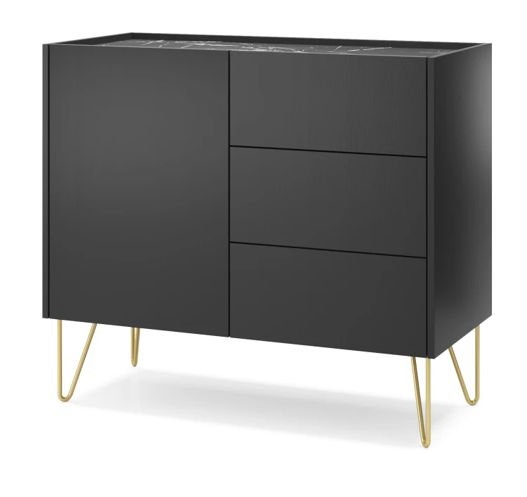 Elegancka komoda Harmony KSZ97 w kolorze czarnym matowym, ujęcie pod kątem eksponujące marmurowy blat oraz smukły profil bryły na złotych nogach