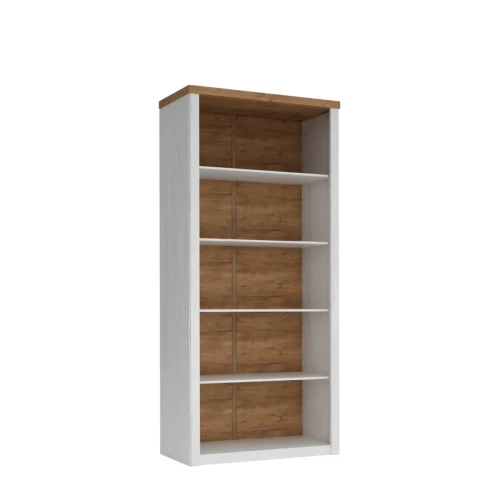 Wysoki w pełni otwarty regał biblioteczny Prowansja R3 o szerokości 90 cm w kolorze Sosna Andersen z czterema półkami, widok z przodu na białym tle.