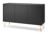 Elegancka komoda Harmony 144 cm czarny mat z blatem imitującym marmur, ujęcie bryły pod kątem prezentujące złoty stelaż