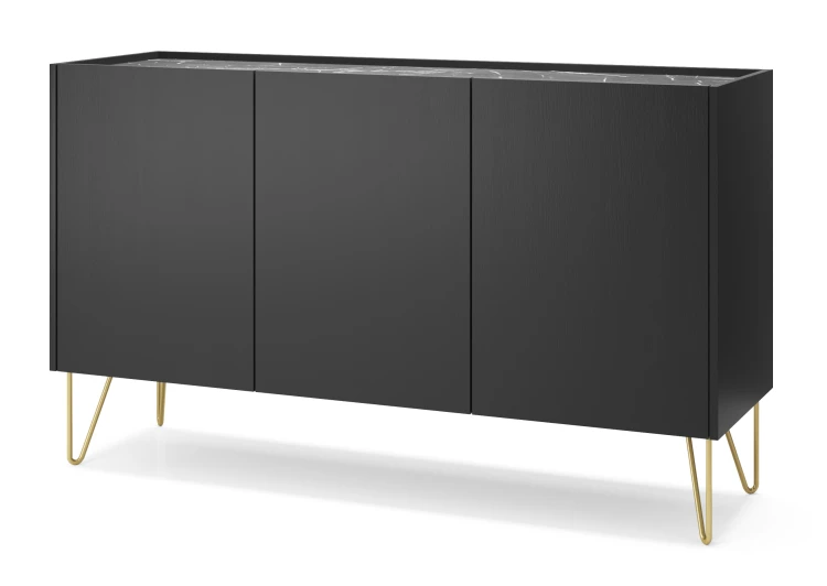 Elegancka komoda Harmony 144 cm czarny mat z blatem imitującym marmur, ujęcie bryły pod kątem prezentujące złoty stelaż