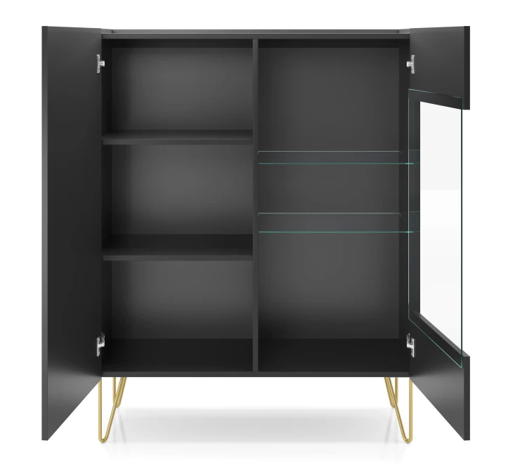 Widok na wnętrze otwartej witryny Harmony WT97 ze szklanymi półkami i solidnymi zawiasami marki Hafele