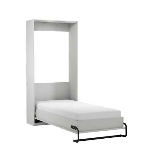 Biały pionowy półkotapczan Rel PT90 o szerokości 103,5 cm w wersji rozłożonej, prezentujący stalową ramę, drewniany elastyczny stelaż 90x200 cm oraz pasy bezpieczeństwa, widok na białym tle.
