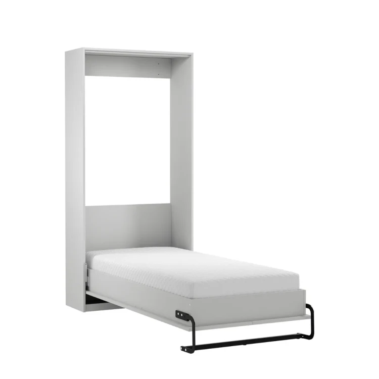 Biały pionowy półkotapczan Rel PT90 o szerokości 103,5 cm w wersji rozłożonej, prezentujący stalową ramę, drewniany elastyczny stelaż 90x200 cm oraz pasy bezpieczeństwa, widok na białym tle.